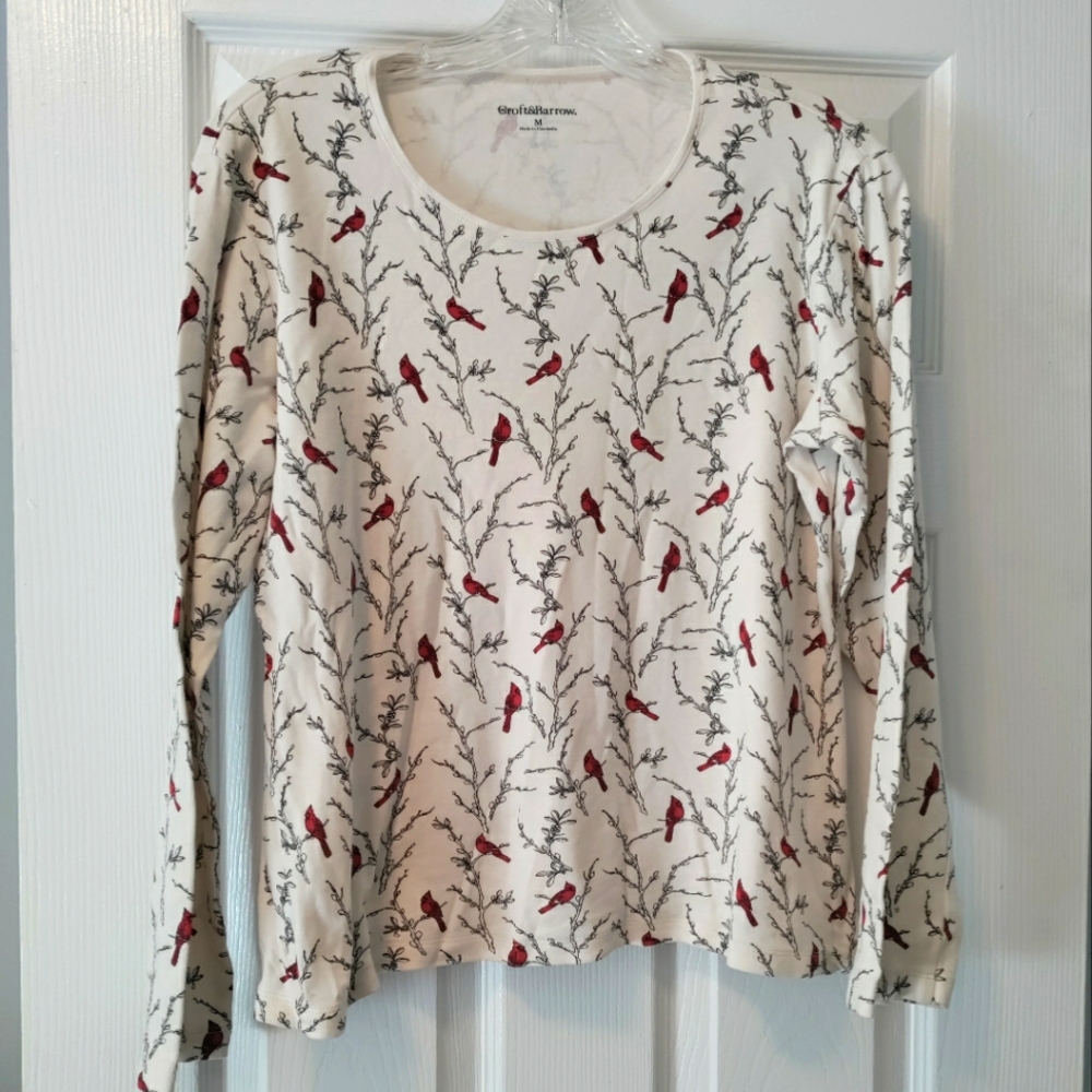 Croft And Barrow Long Sleeve Cardinal Print Cotton Shirt Size:  M